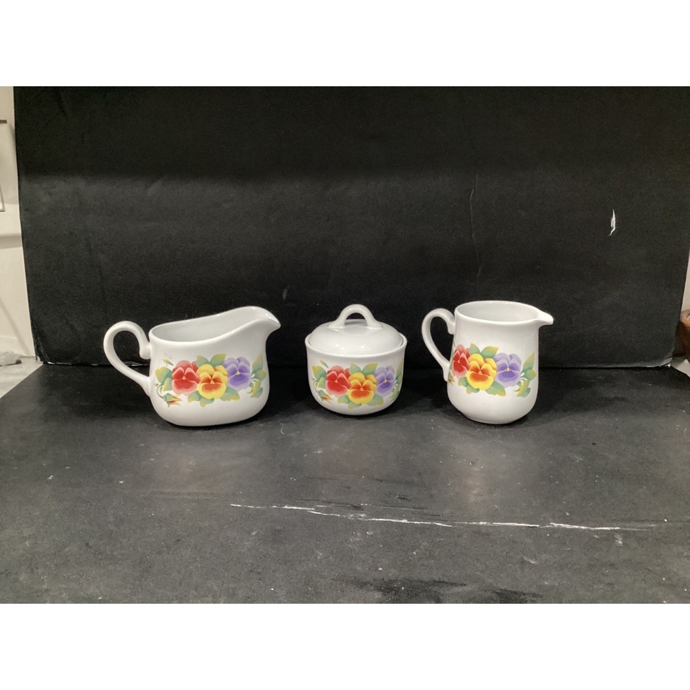 Corelle SUMMER BLUSH Creamer and Lidded Sugar Bowl Pansies Pansy Stoneware NICE